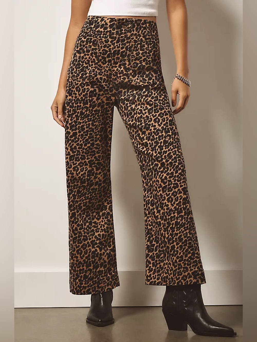 Maeve The Colette Leopard Print full Length Wide Leg Cropped Pants Brown 25